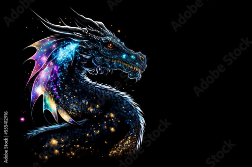 Magic dragon head on a black background. Generative AI Illistration of ancient rainbow dragon on black background. Dragons background. Place for text.