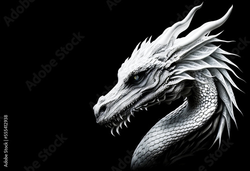 White dragon head on a black background. Generative AI Illistration of ancient white dragon on black background. Dragons background. Place for text.