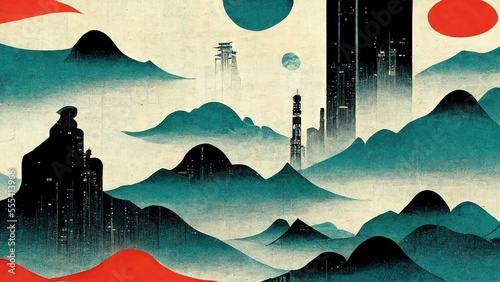 Modern, retro, traditional and classic Japanese Ukiyo-e style design elements in the style of Katsushika Hokusai with green and blue mountains and buildings and Japanese paper textures generated by Ai
