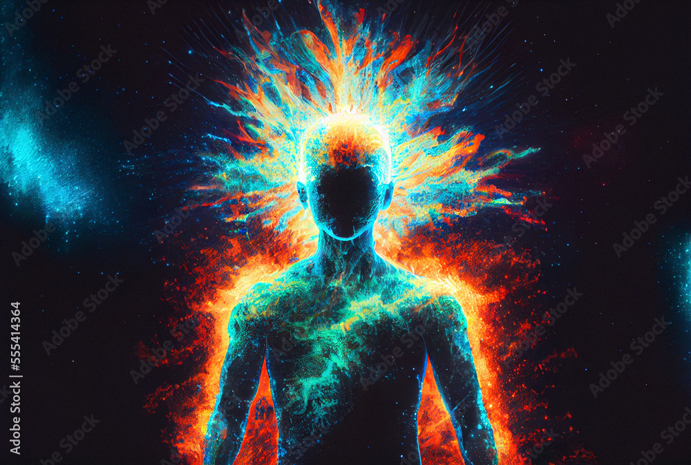A silhouette of a man with energy flows emanating from the body in different directions, symbolizing the aura, connection with superconsciousness. A silhouette of a man with energy flows emanating from the body in different directions, symbolizing the aura, connection with superconsciousness.