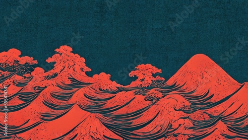 Wallpaper Mural Modern, retro, traditional and classic Japanese Ukiyo-e style design elements in the style of Katsushika Hokusai with orange, mountain and blue background, Japanese paper texture generated by Ai Torontodigital.ca