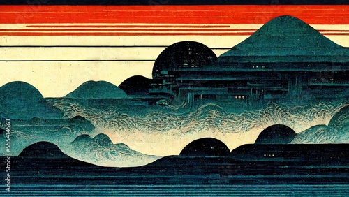 Cyberpunk blue mountains, modern, retro, traditional and classic Japanese Ukiyo-e style design elements in the style of Katsushika Hokusai with Japanese paper textures generated by Ai