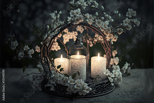 white flowering branch and 3 white candle lights outside in a garden, floral concept with burning candles decoration for contemplative athmosphere photo