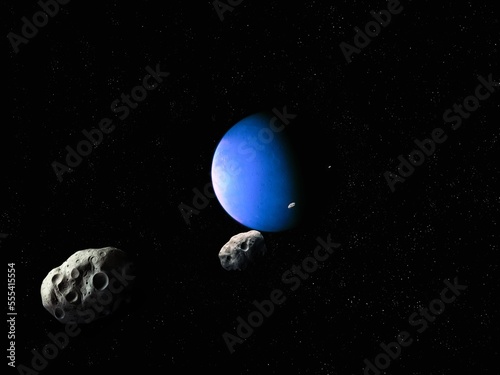 Fototapeta Naklejka Na Ścianę i Meble -  View of the Earth-like planet from afar. Blue planet and large asteroids in deep space. A planet from a distant star system is surrounded by asteroids.