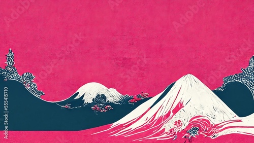 Modern, retro, traditional and classic Japanese Ukiyo-e style design elements in the style of Katsushika Hokusai with cyberpunk style mountains and waves and Japanese paper texture generated by Ai photo