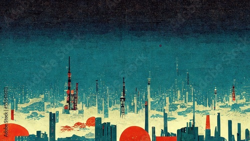 Towering skyscrapers and towers, Katsushika Hokusai style modern retro traditional classic Japanese ukiyoe style design elements with Japanese paper texture generated by Ai