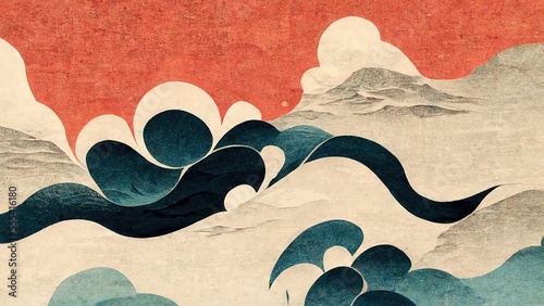 Organic curves like waves in orange and emerald green, abstract and striking, retro and elegant in the ukiyo-e style of Katsushika Hokusai produced by Japanese traditional and graphic design Ai