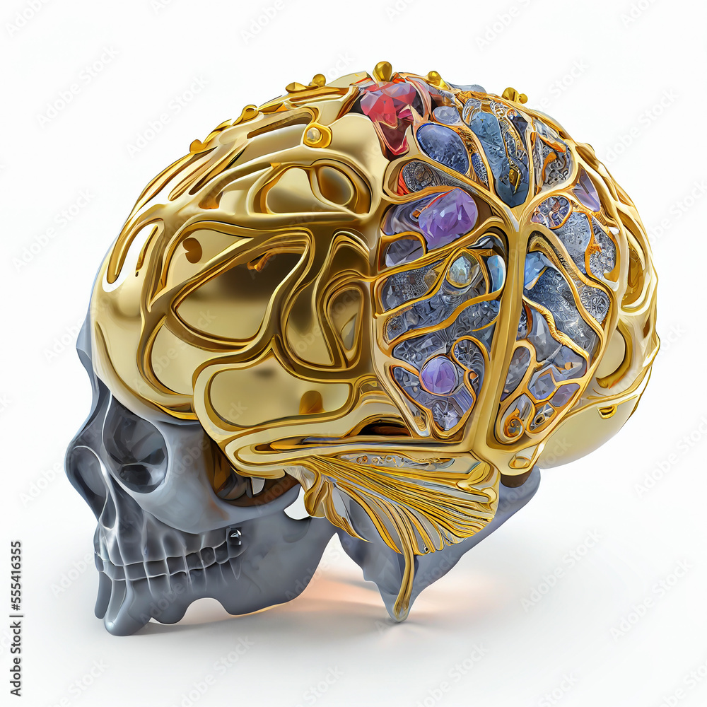 Fototapeta premium Human brain made from gold, ceramic and precious stones, generative ai illustration