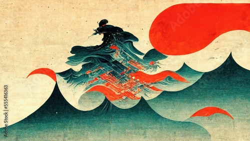 Modern, retro, traditional and classic Japanese Ukiyo-e style design elements in the style of Katsushika Hokusai with green mountains and detailing and Japanese paper textures generated by Ai