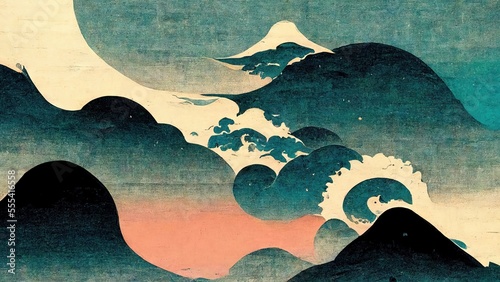 Modern, retro, traditional and classic Japanese Ukiyo-e style design elements in the style of Katsushika Hokusai with blue gradients of mountains and waves and Japanese paper texture generated by Ai