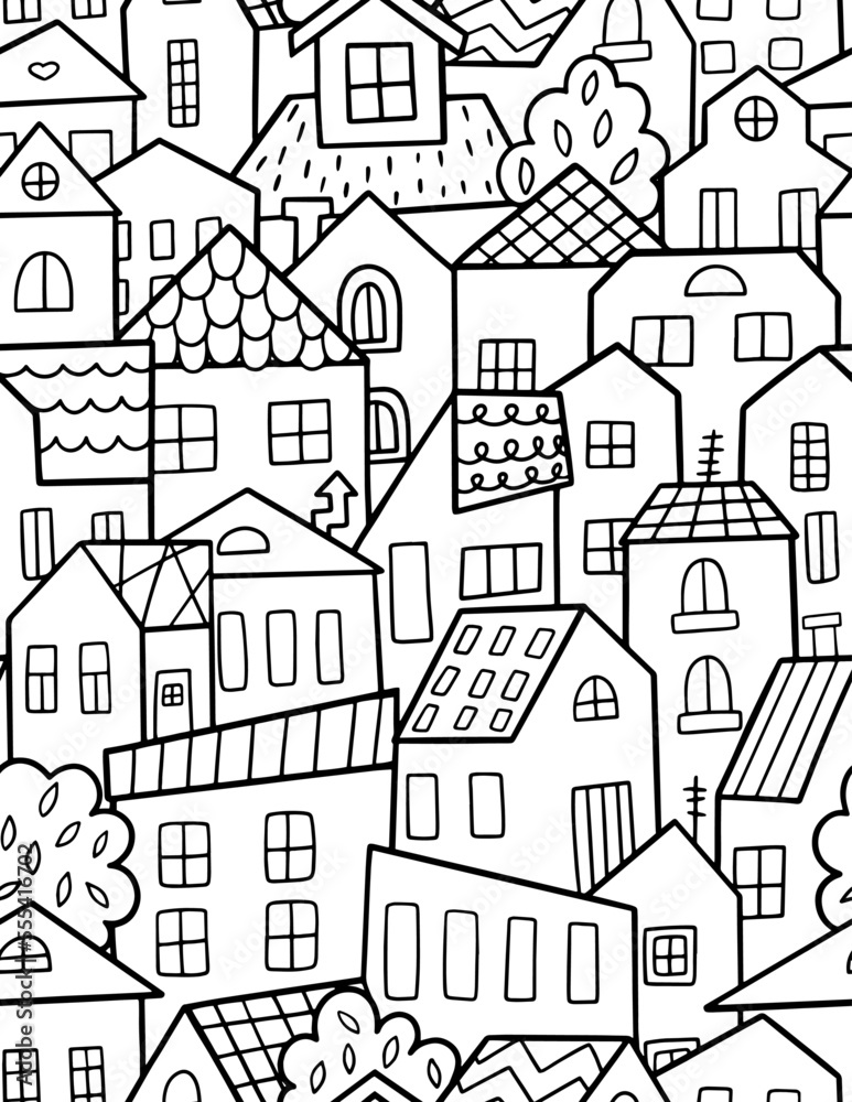 Doodle vector seamless pattern with various houses isolated on a white background. Can be used for coloring books, card,s and wallpaper. 