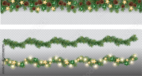 Vector border with green fir branches and with festive decoration elements on transparent background. Christmas tree garland with fir branches and lights