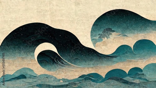 Beautiful wave-like curves with emerald green organic objects, abstract and striking, retro and elegant, produced by Katsushika Hokusai's Ukiyo-e style Japanese traditional and graphic design Ai