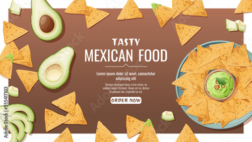 Banner with nachos with guacamole sauce. National Mexican food. Tasty and healthy food, cooking, menu. Online food order.