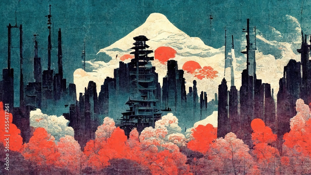 Fototapeta premium Future city, modern, retro, traditional and classic Japanese Ukiyo-e style design elements in the style of Katsushika Hokusai with the texture of Japanese paper generated by Ai