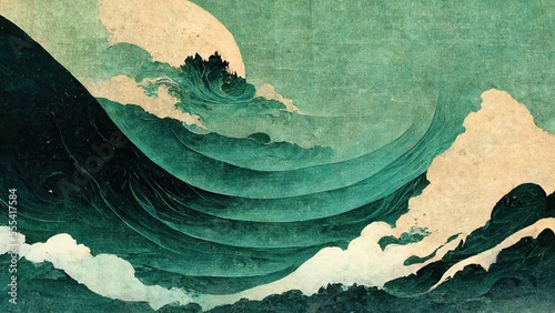 Emerald green dynamic wave, Japanese paper texture Katsushika Hokusai style modern retro traditional classic Japanese ukiyoe style design element generated by Ai