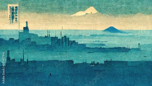 Blue atmospheric port city scenery, modern, retro, traditional and classic Japanese Ukiyo-e style design elements in the style of Katsushika Hokusai with Japanese paper textures generated by Ai