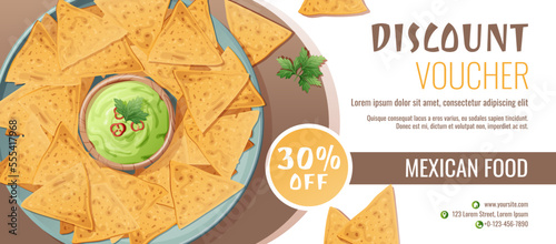 Discount voucher, mexican food template design. Coupon with nachos and guacamole sauce. Banner, poster, flyer, advertising for a restaurant