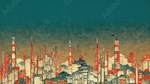 Distant view of a modern city in blue and red, Japanese paper texture Katsushika Hokusai style modern retro traditional classic Japanese Ukiyo-e style design elements generated by Ai