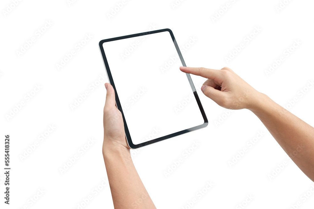 Hand holding tablet with blank screen isolated on white background Hand holding tablet with blank screen isolated on white background