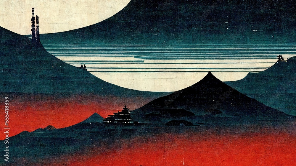 Red and blue gradient mountains, Katsushika Hokusai style modern, retro