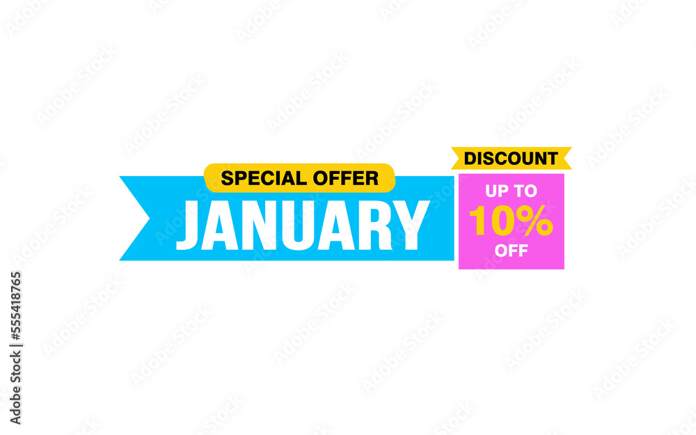 10 Percent JANUARY discount offer, clearance, promotion banner layout with sticker style.