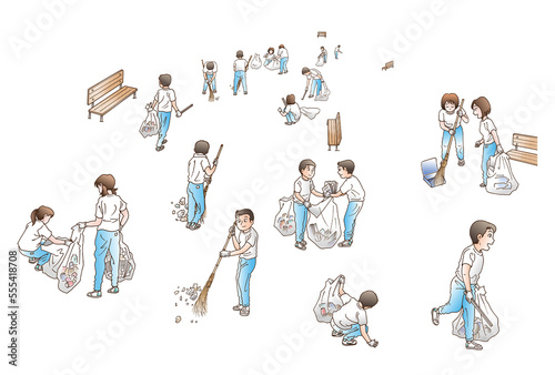 公園清掃,学生,線画01