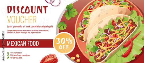 Discount voucher, mexican food template design. Coupon with tacos with pepper meat, cheese. Banner, poster, flyer, advertising for a restaurant