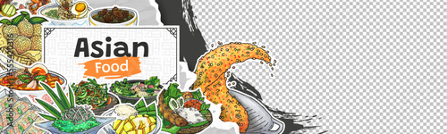 Doodle Hand Drawn Asian Food Banner with Image Space