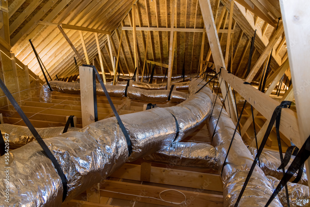 Αυτοκόλλητο In newly built home under construction ventilation pipes are silver insulation m