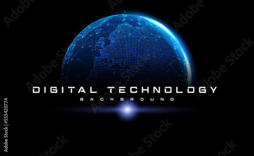 Digital technology worldwide global network internet connection blue background, Abstract cyber tech futuristic planet map world, Ai big data, Innovation 5g wireless wifi future, illustration vector