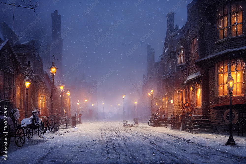 Snowy street with Christmas trees and lights.	