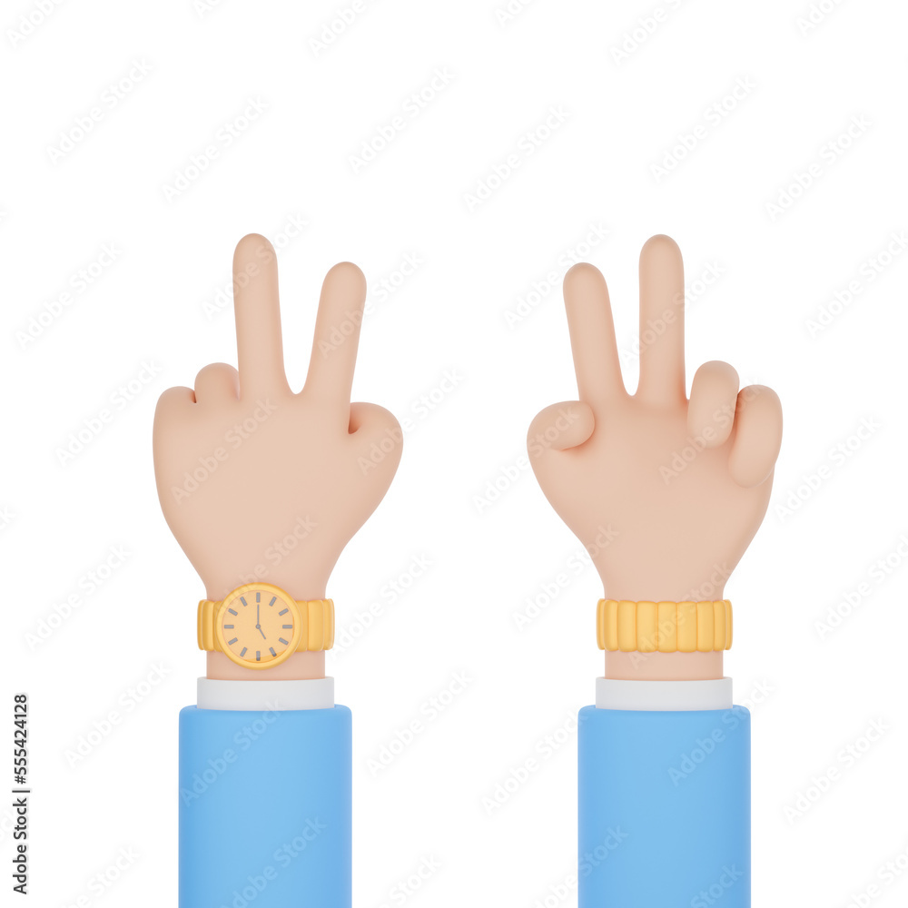 Obraz premium 3d render of a minimal cartoon hand showing two fingers or peace sign. Clipping path isolate on background. 3d render illustration