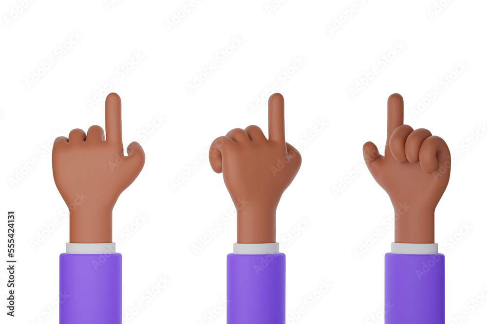 Fototapeta premium Set of cartoon character black hand pointing at something or push touch screen on isolated background. Clipping path. Blue suit, 3d render illustration