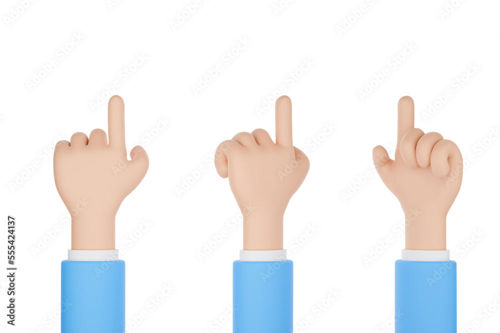 Obraz premium Set of cartoon character hand pointing at something or push touch screen on isolated background. Clipping path. Blue suit,3d render illustration