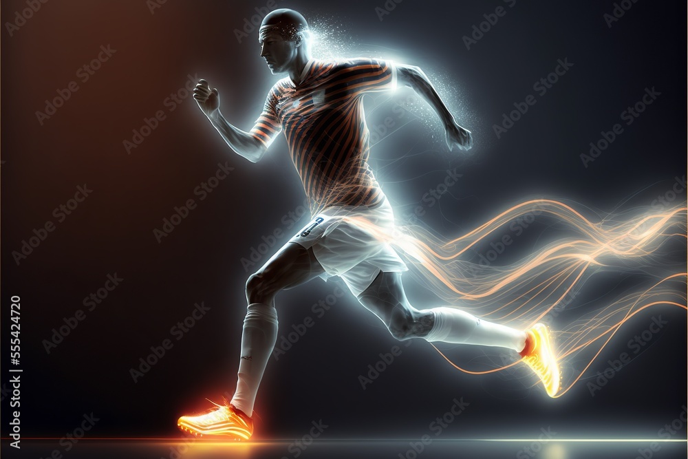 Soccer player with light trails. Generative ai