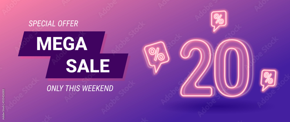 sale neon banner, 20 percent off, vector illustration sale neon banner, 20 percent off, vector illustration