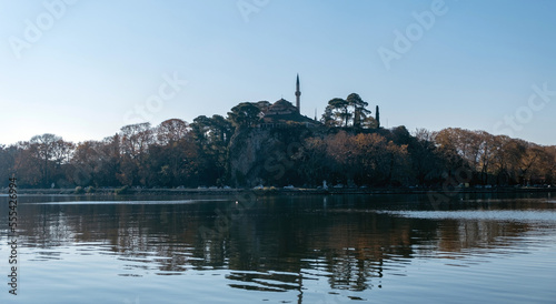 Greece, Pamvotida Lake, Giannena Epirus. Aslan Pasha mosque view from the lake,
