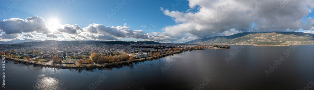 Greece, Giannena city Pamvotida Lake, Epirus. Drone, aerial panoramic view of Ioannina.