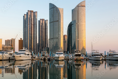 Busan city skyline and skyscraper at Haeundae district with yacht pier at Busan, South Korea, Busan, South Korea city skyline in the Haeundae district.