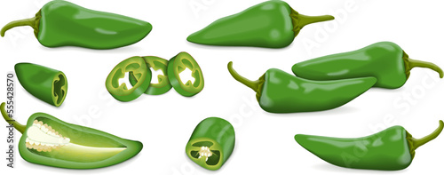 Set with whole, half, quarter, slices, and wedges of Green Fresno chili peppers. Capsicum annuum. Chili pepper. Vegetables. Vector illustration isolated on white background.