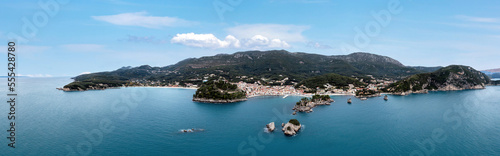 Greece Parga coast. Aerial panoramic drone view of city the Castle and Panagia island