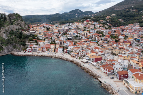 Parga  Greece. Aerial drone view of traditional Ionian coast city buildings and the Castle