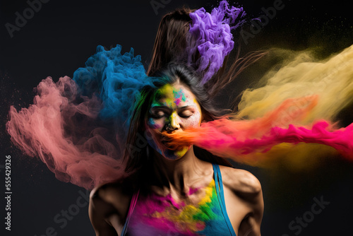 Generative AI illustration of Hispanic woman exhaling colorful smoke