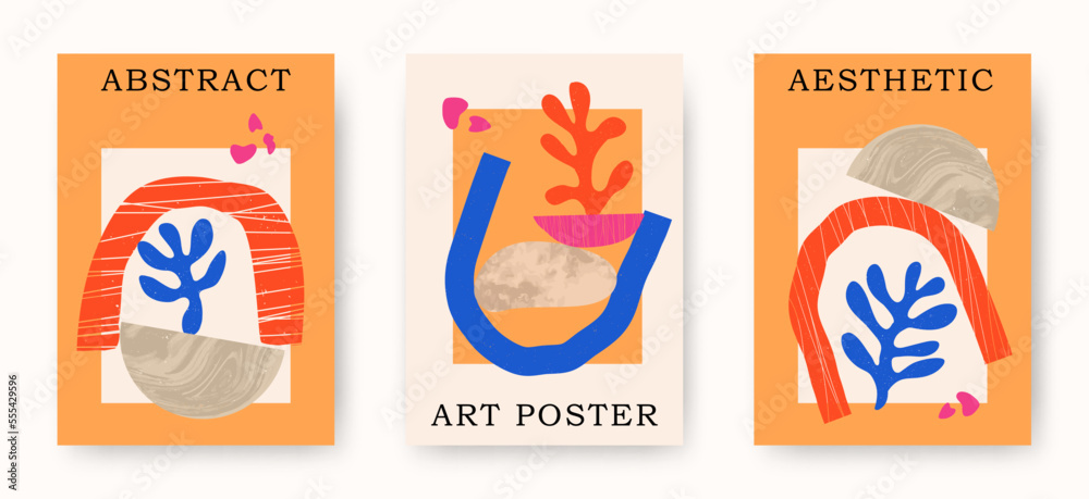 Vector modern set of abstract contemporary aesthetic posters with geometric balance shapes, stones, plant corals. Trendy mid century modern art illustrations, prints, boho minimalistic wall decor