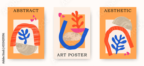 Vector modern set of abstract contemporary aesthetic posters with geometric balance shapes, stones, plant corals. Trendy mid century modern art illustrations, prints, boho minimalistic wall decor