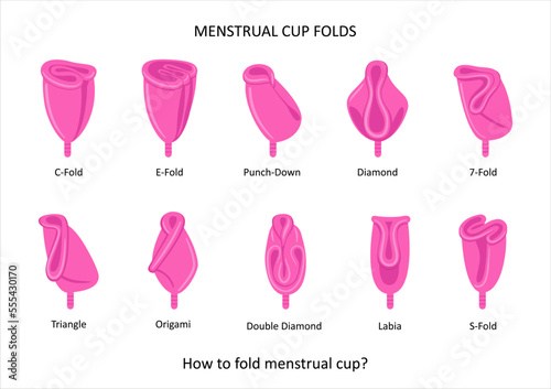Pink menstrual cup folding methods. How to fold menstrual cup. Zero waste concept. Vector illustration in flat cartoon style