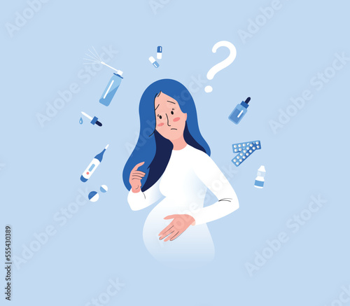 Young Pregnant Woman Worried About Taking Medicine Pills. Cartoon People Vector Illustration