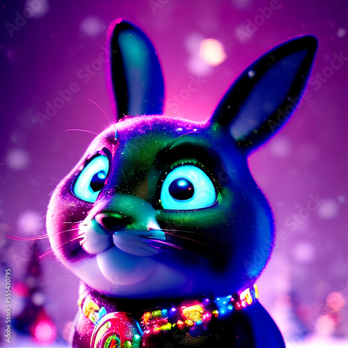 Сute black rabbit surrounded by Christmas lights illustration. 