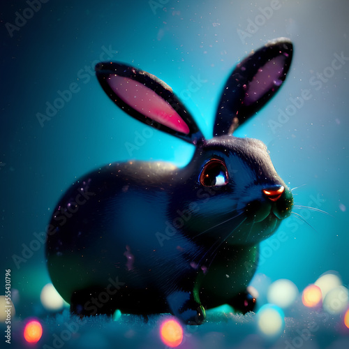 Сute black rabbit surrounded by Christmas lights illustration. 